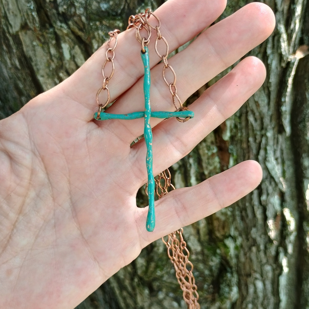 Handmade copper double strand Cross necklace w turquoise patina, unique find